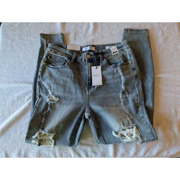 Judy Blue Skinny Lace Peekaboo Distressed Stretch Ankle Jeans Sz 15/32 - Picture 3 of 10
